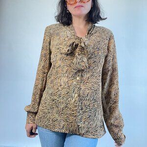 Vintage Animal Print Button Down Blouse with Bow Detail - Size S